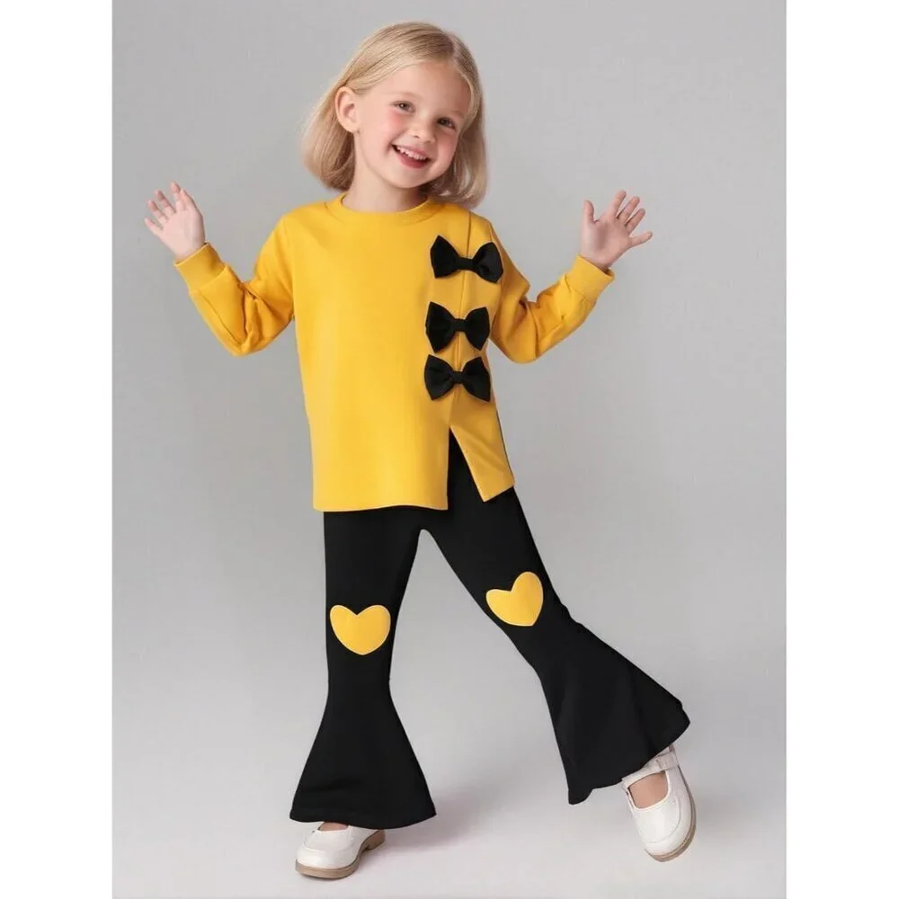 3-9 Years Kids Toddler Girl Clothes bow tie Sweatshirt Flared Pants 2Pcs Fall Wi
